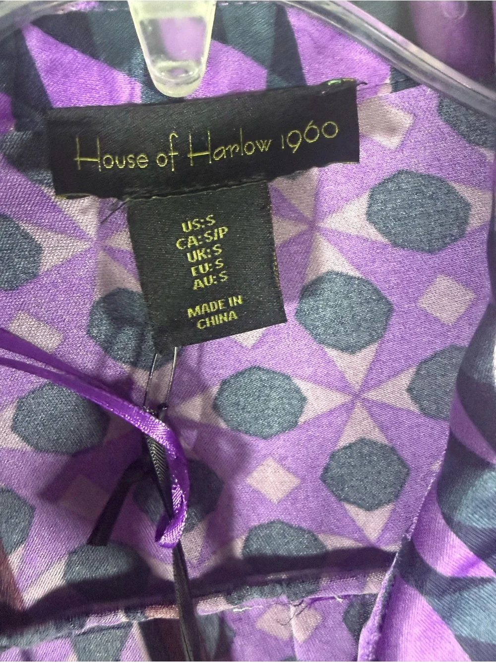 NWT House of Harlow 1960 Purple Mixed Print Cropped Blouse Small Satin Geometric